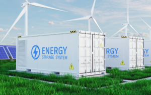 Energy storage systems with Solar farm and windmills. Battery container, renewable battery storage concept. 3d rendering