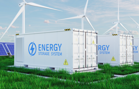 Energy storage systems with Solar farm and windmills. Battery container, renewable battery storage concept. 3d rendering