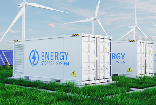 Energy storage systems with Solar farm and windmills. Battery container, renewable battery storage concept. 3d rendering