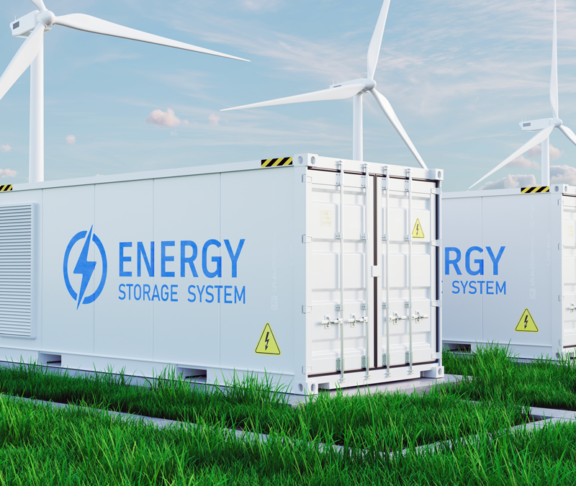 Energy storage systems with Solar farm and windmills. Battery container, renewable battery storage concept. 3d rendering