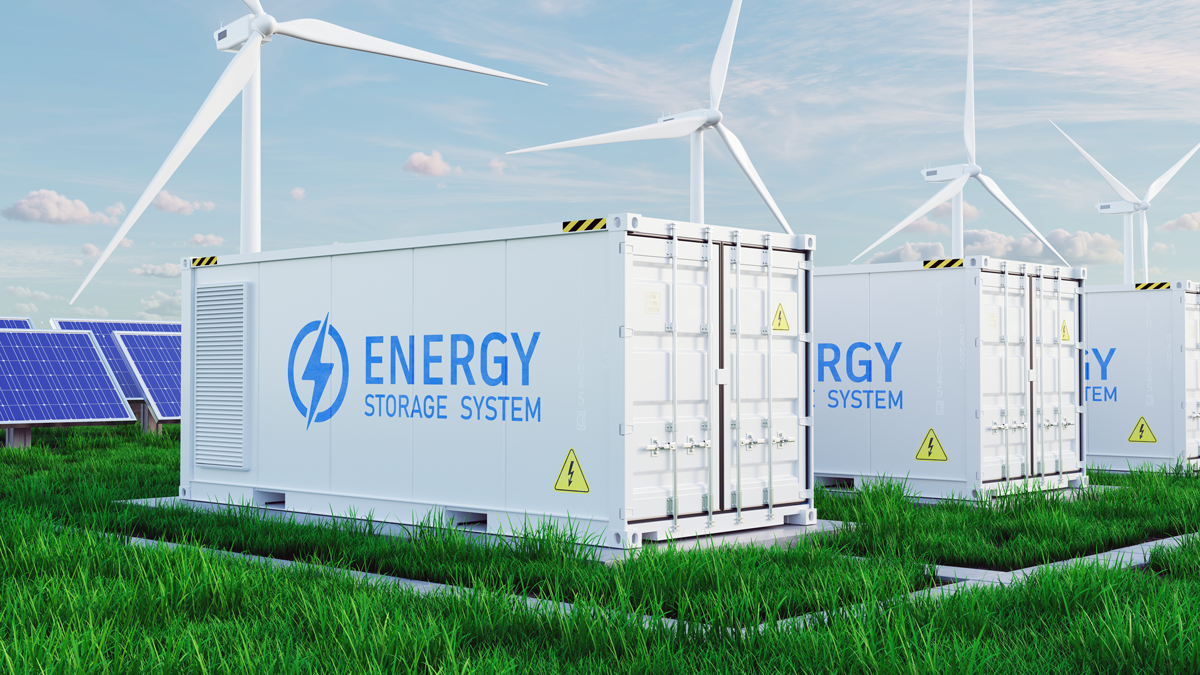 Energy storage systems with Solar farm and windmills. Battery container, renewable battery storage concept. 3d rendering
