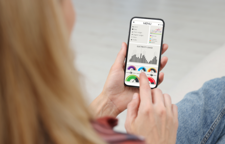 Frau überwacht Smart Meter-Messwerte auf dem Handy, Nahaufnahme