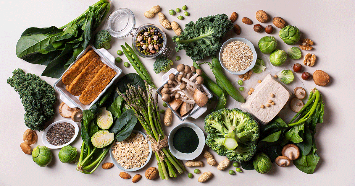 various sustainable plant-based foods on a table