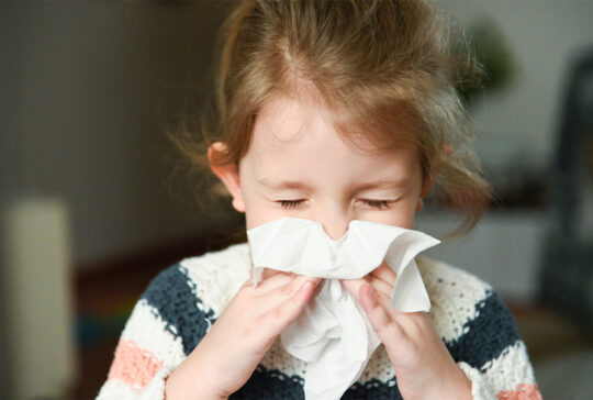 little girl blowing her nose and covering it with handkerchief with eyes closed