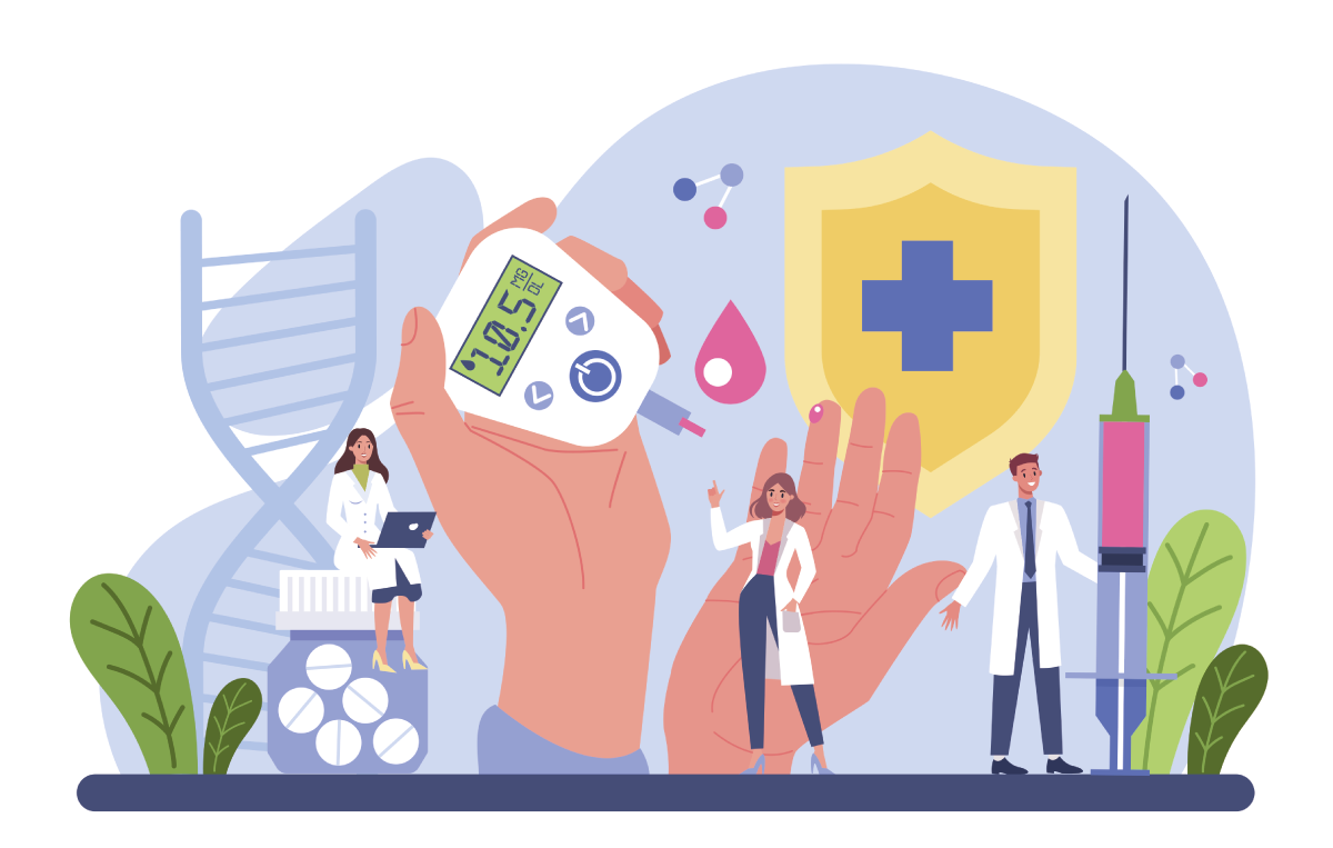 Diabetes-Konzept. Messung von Zucker im Blut mit Glukometer. Endokrinologe Checkup. Idee von Gesundheitsversorgung und Behandlung. Einzelne flache Vektorgrafik