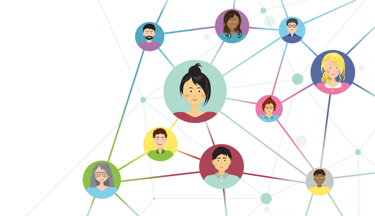 Die Gesichter der Menschen sind im Netzwerk verbunden