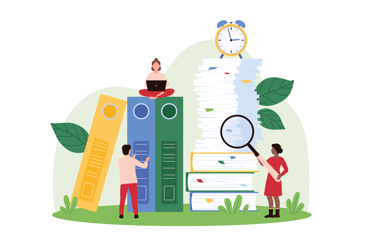 Team organizes documents and reports, using large binders and a magnifying glass. Scene includes workers with laptops and clocks, emphasizing efficient document management vector illustration