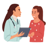Lächelnde junge Ärztin, die sich mit weiblichen Patienten unterhält, die Tablette nach Rücksprache einnehmen. farbige flache Vektorgrafik einzeln auf weißem Hintergrund