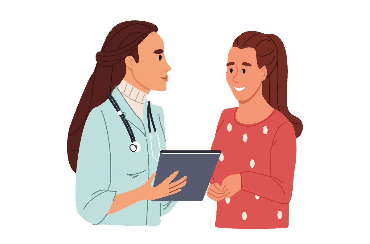 Lächelnde junge Ärztin, die sich mit weiblichen Patienten unterhält, die Tablette nach Rücksprache einnehmen. farbige flache Vektorgrafik einzeln auf weißem Hintergrund