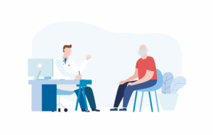 Medicine concept with a doctor and old patient in hospital medical office. Consultation and diagnosis. Vector illustration flat style
