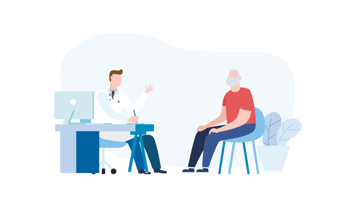 Medicine concept with a doctor and old patient in hospital medical office. Consultation and diagnosis. Vector illustration flat style