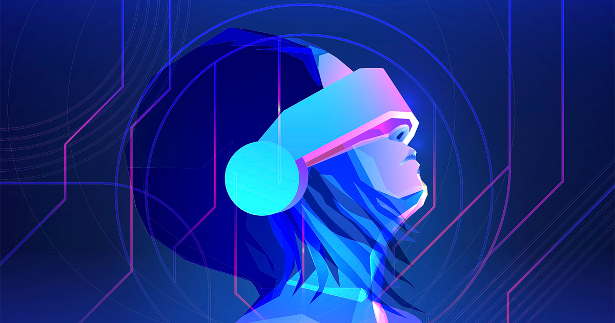 Woman wearing virtual or augmented reality glasses.