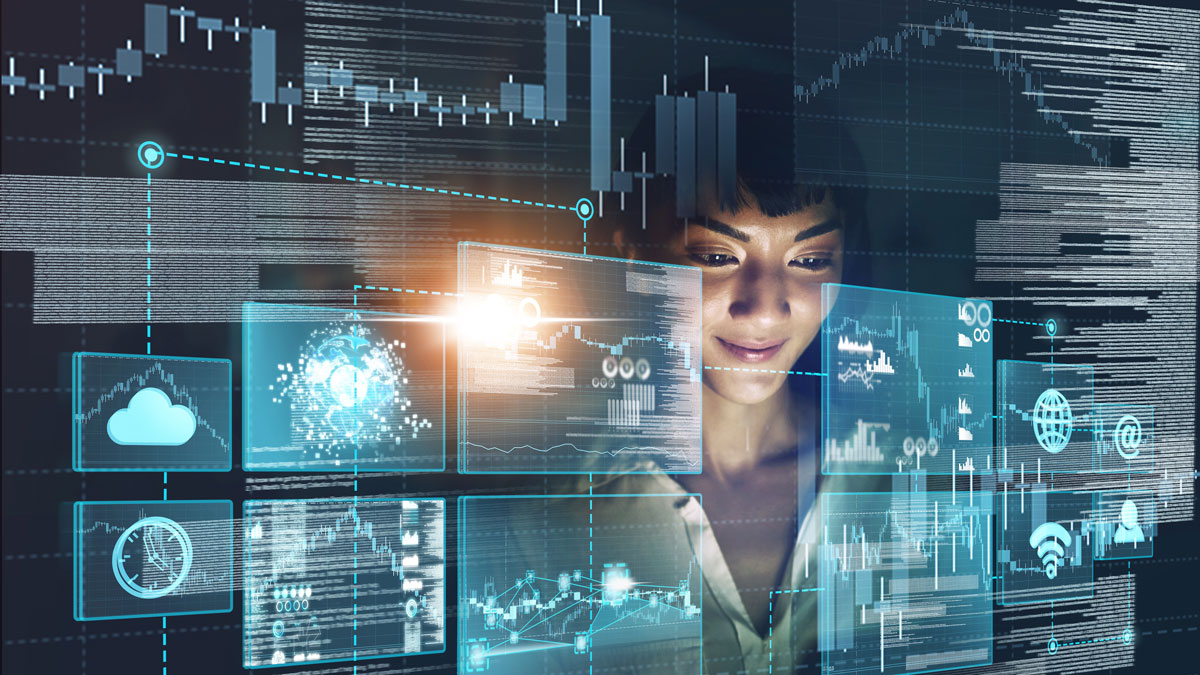 Cloud computing, overlay and woman trading on stock market with a financial strategy via wifi internet connection. Cryptocurrency, analytics and trader doing data analysis to check investment growth