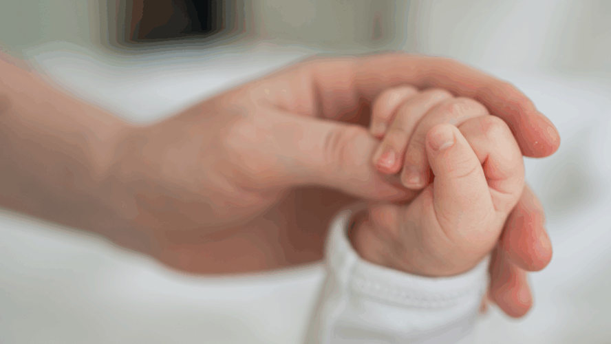 Glückliche Familie. Winziges Neugeborenes Baby kleine Hand auf der Mutterhand Handfläche. Neugeborenes Baby, das nach der Geburt den Elternfinger hält. Mutter Baby zu Hause. Unterstützung des Schutzes eines neuen Lebens. Sorgfältig handhaben