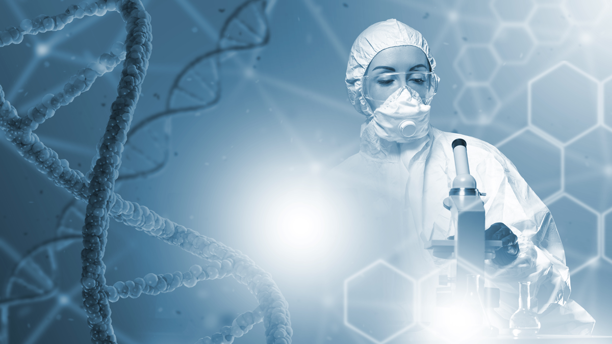 Wissenschaftler Genetiker. Frau in der Nähe von DNA-Ketten. Laborassistent mit Mikroskop. Untersuchung von DNA und Genom. Genetische Experimente.