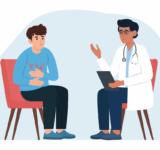 Der Patient und der Arzt sprechen im Büro. Ein Mann mit Magenschmerzen besucht einen Arzt. Arzt berät Patienten, diagnostiziert, verschreibt Behandlung.Vektorgrafik flach.