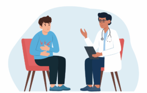 Der Patient und der Arzt sprechen im Büro. Ein Mann mit Magenschmerzen besucht einen Arzt. Arzt berät Patienten, diagnostiziert, verschreibt Behandlung.Vektorgrafik flach.
