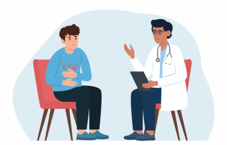 Der Patient und der Arzt sprechen im Büro. Ein Mann mit Magenschmerzen besucht einen Arzt. Arzt berät Patienten, diagnostiziert, verschreibt Behandlung.Vektorgrafik flach.