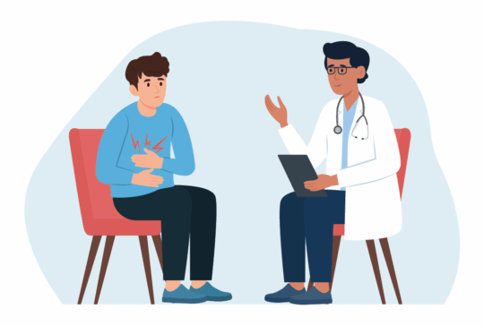 Der Patient und der Arzt sprechen im Büro. Ein Mann mit Magenschmerzen besucht einen Arzt. Arzt berät Patienten, diagnostiziert, verschreibt Behandlung.Vektorgrafik flach.