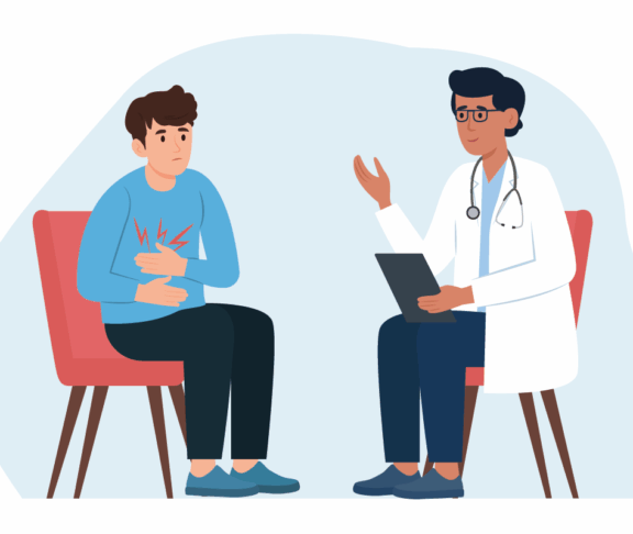 Der Patient und der Arzt sprechen im Büro. Ein Mann mit Magenschmerzen besucht einen Arzt. Arzt berät Patienten, diagnostiziert, verschreibt Behandlung.Vektorgrafik flach.