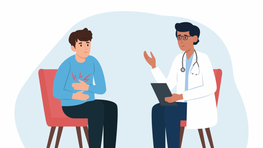 Der Patient und der Arzt sprechen im Büro. Ein Mann mit Magenschmerzen besucht einen Arzt. Arzt berät Patienten, diagnostiziert, verschreibt Behandlung.Vektorgrafik flach.