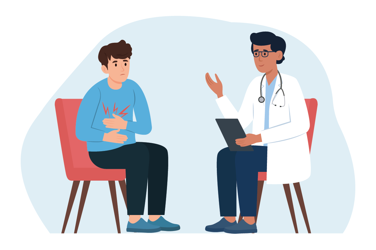 Der Patient und der Arzt sprechen im Büro. Ein Mann mit Magenschmerzen besucht einen Arzt. Arzt berät Patienten, diagnostiziert, verschreibt Behandlung.Vektorgrafik flach.
