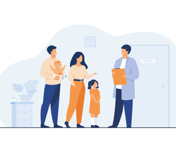 Fröhliche junge Familie mit Baby- und Kinderarzt Arzt einzeln flache Vektorgrafik. Kartoon pädiatrische Patienten im medizinischen Büro oder Krankenhaus. Konzept für Notfall-, Gesundheits- und Medizin