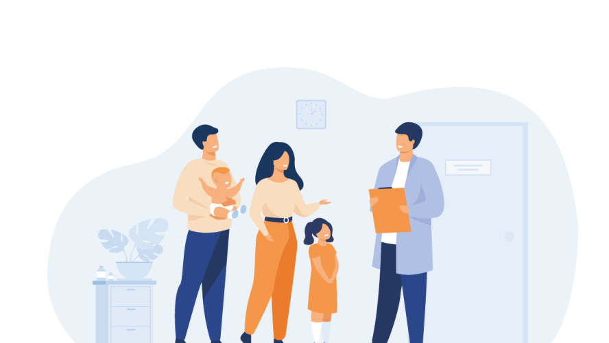 Fröhliche junge Familie mit Baby- und Kinderarzt Arzt einzeln flache Vektorgrafik. Kartoon pädiatrische Patienten im medizinischen Büro oder Krankenhaus. Konzept für Notfall-, Gesundheits- und Medizin