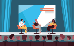 Vektorgrafik der Lautsprecher auf der Bühne mit einem Mikrofon. Ein Design, das die Veranstaltung in einem Saal mit einem Publikum und einem Präsentationsbildschirm anzeigt.