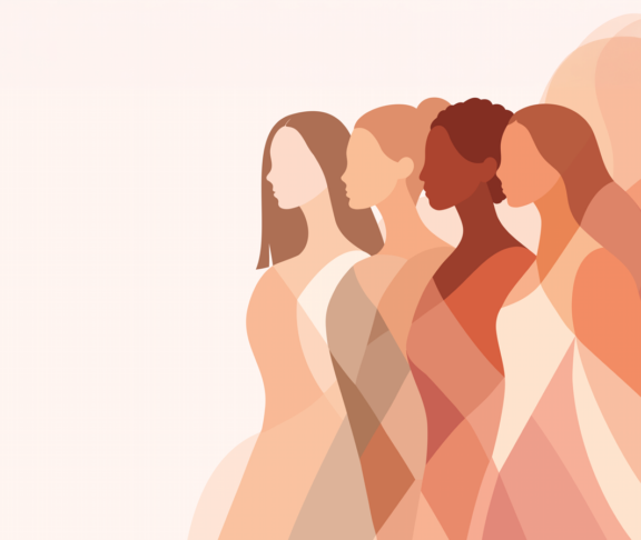 Frauentag. 8. März. Vektorabstrakte Illustration mit verschiedenen weiblichen Silhouetten. Symbolvielfalt, Ermächtigung und Frauenrechte. Vorlage mit Platz für Text in einer weichen, pastellfarbenen Palette