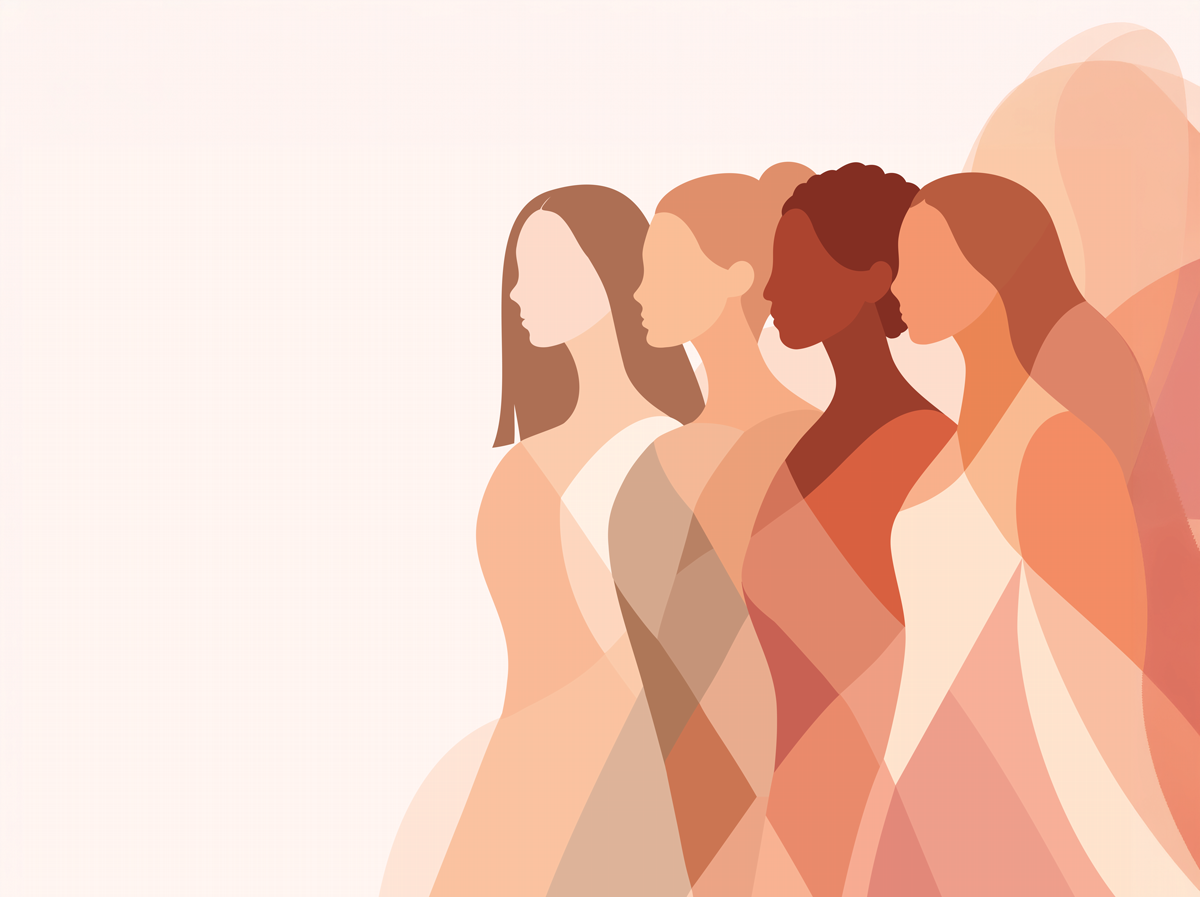 Frauentag. 8. März. Vektorabstrakte Illustration mit verschiedenen weiblichen Silhouetten. Symbolvielfalt, Ermächtigung und Frauenrechte. Vorlage mit Platz für Text in einer weichen, pastellfarbenen Palette