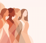Frauentag. 8. März. Vektorabstrakte Illustration mit verschiedenen weiblichen Silhouetten. Symbolvielfalt, Ermächtigung und Frauenrechte. Vorlage mit Platz für Text in einer weichen, pastellfarbenen Palette