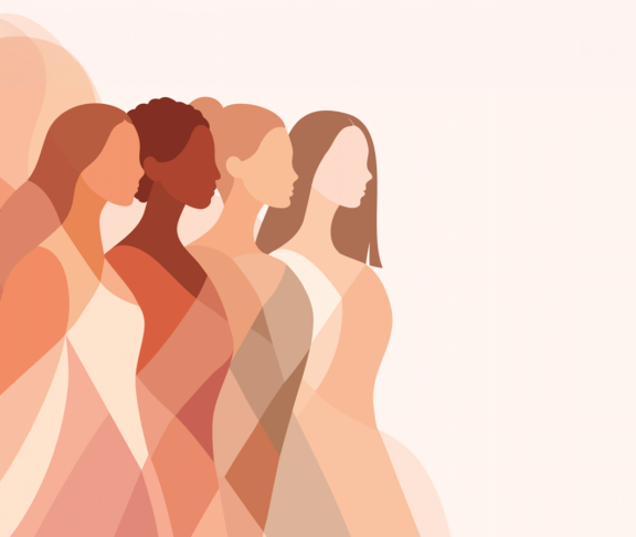 Frauentag. 8. März. Vektorabstrakte Illustration mit verschiedenen weiblichen Silhouetten. Symbolvielfalt, Ermächtigung und Frauenrechte. Vorlage mit Platz für Text in einer weichen, pastellfarbenen Palette