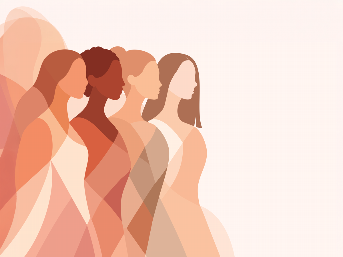 Frauentag. 8. März. Vektorabstrakte Illustration mit verschiedenen weiblichen Silhouetten. Symbolvielfalt, Ermächtigung und Frauenrechte. Vorlage mit Platz für Text in einer weichen, pastellfarbenen Palette