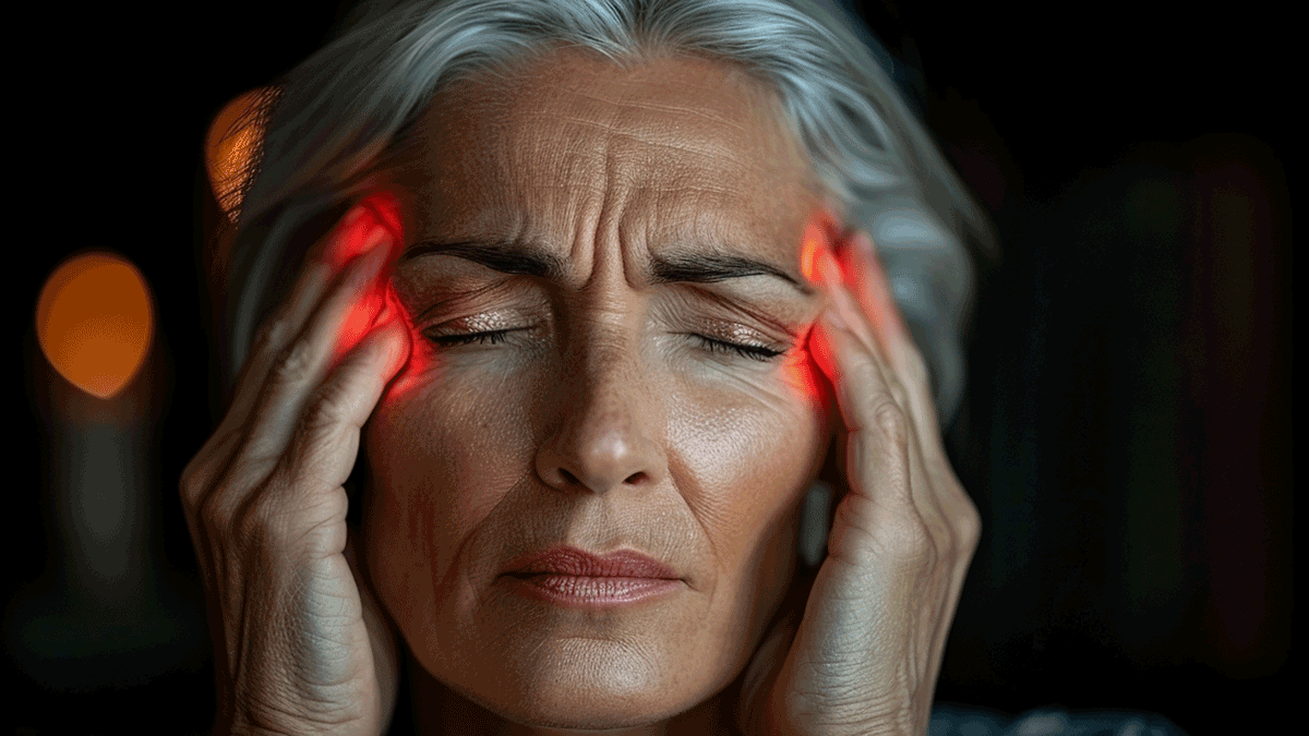 Middle-aged woman massaging her temples, red showing migraine pain