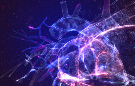 Glowing human heart made of neon particles. Bright magic heart health concept art in modern abstract style consists of colorful dots. 3d illustration.