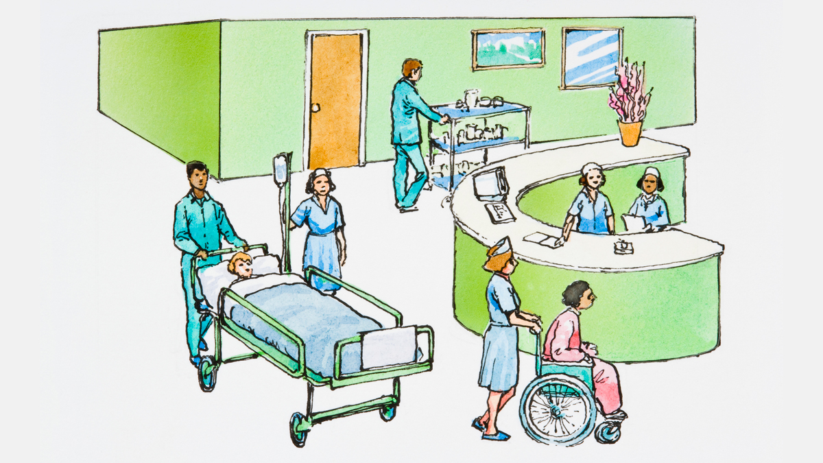 Illustration of nurse work station, porter pushing patient in bed, nurse wheeling patient in wheelchair, porter pushing food trolley in busy hospital - stock illustration