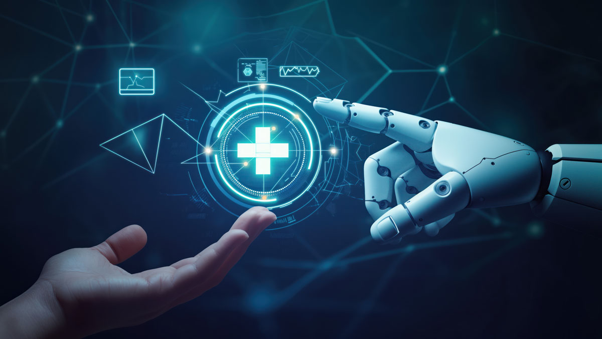 Robot hand ai artificial intelligence assistance for medical healthcare practices. Health AI and technology concept.