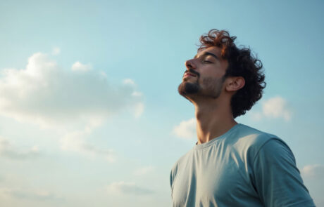 Young man breathes fresh air in natural atmosphere. Adult guy tilts head up and closes eyes in forest and blue sky. He enjoys vacation, meditates, feels calm