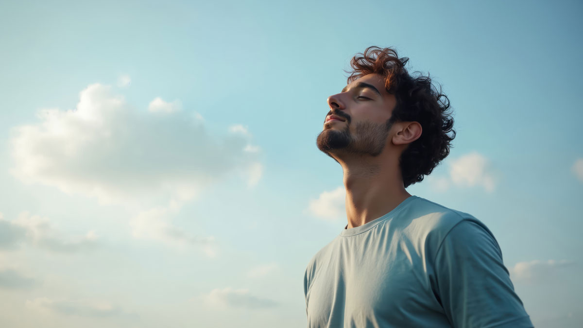 Young man breathes fresh air in natural atmosphere. Adult guy tilts head up and closes eyes in forest and blue sky. He enjoys vacation, meditates, feels calm