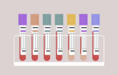 Vibrant blood test tubes are arranged neatly in a sleek holder, showcasing their unique colors and caps, symbolizing the critical role of laboratory testing in health assessments and diagnostics