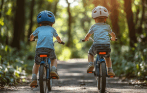 Family in the park on bicycles. two sibling brothers kids boys compete in riding. view from back