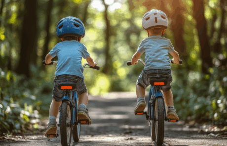 Family in the park on bicycles. two sibling brothers kids boys compete in riding. view from back