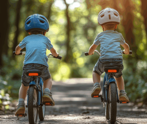 Family in the park on bicycles. two sibling brothers kids boys compete in riding. view from back