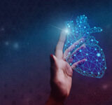 Human forefinger touches blue heart innovative technologies. Nebula dust in infinite space. Mixed media.