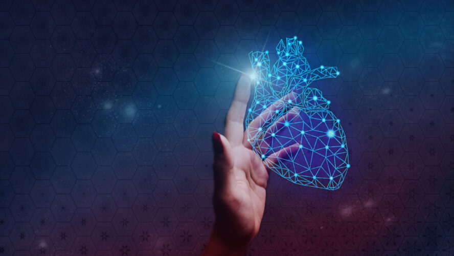 Human forefinger touches blue heart innovative technologies. Nebula dust in infinite space. Mixed media.