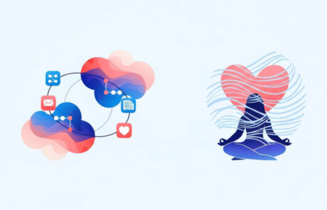 A two-part conceptual illustration showing data connectivity and cloud computing on the left and a person meditating for emotional well-being on the right