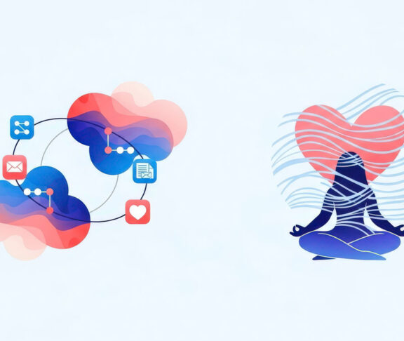 A two-part conceptual illustration showing data connectivity and cloud computing on the left and a person meditating for emotional well-being on the right