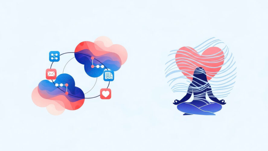 A two-part conceptual illustration showing data connectivity and cloud computing on the left and a person meditating for emotional well-being on the right