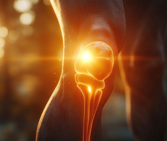 Knee joint highlighted, anatomical view, sunlight effect